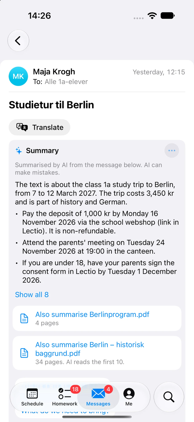 A message summarised by AI: the trip's dates and price, and what to do by when