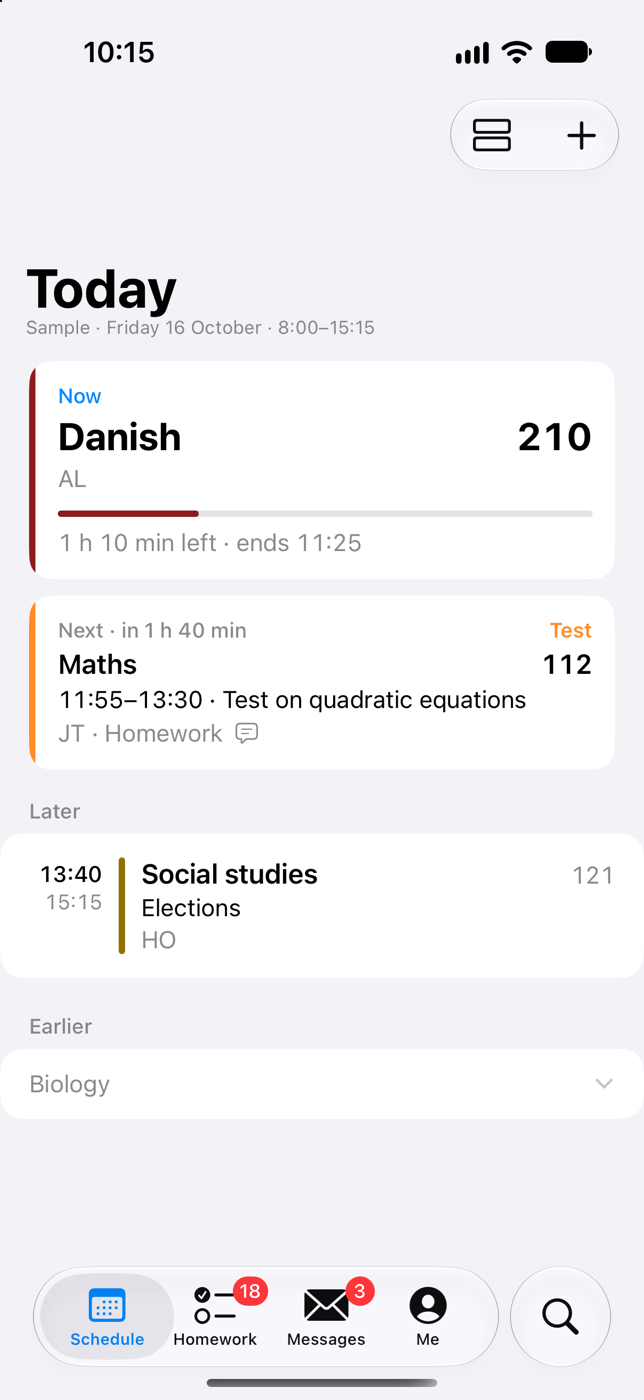 I dag: den time, der er i gang, med tiden tilbage, og den næste